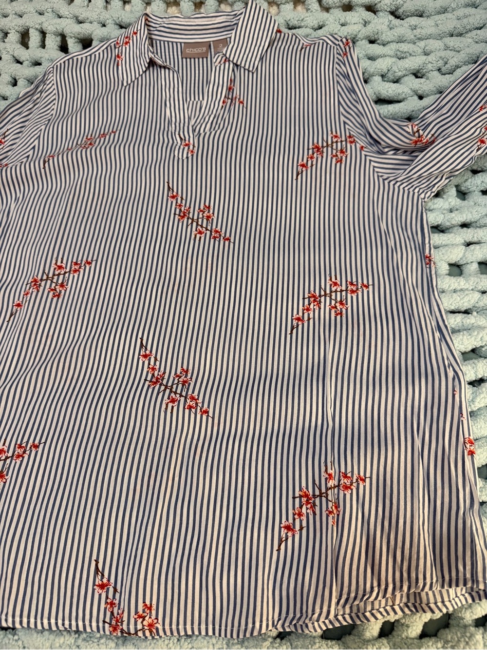 Chico's Blue & White Stripes with Red Cherry Blossom Long Sleeve Top Sz 2R (12R) - Picture 13 of 17